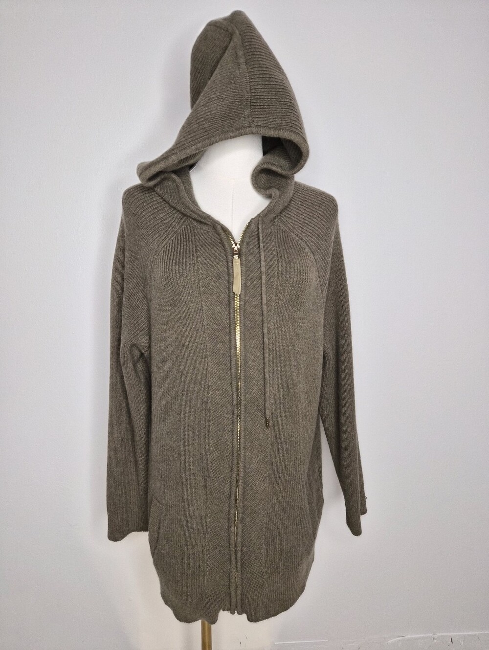 Soft Surroundings Wool Blend Ribbed Full Zip Hooded Sweater Cardigan Brown PL